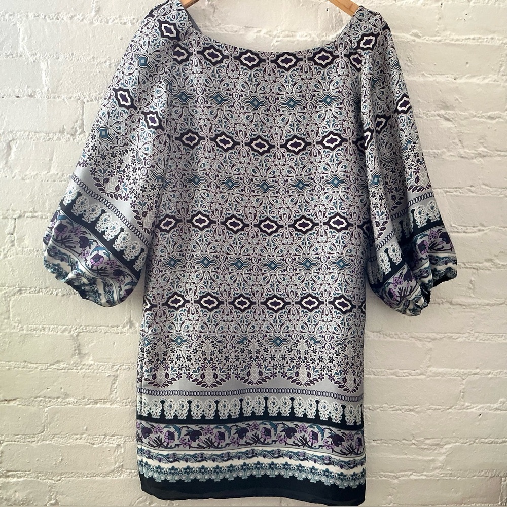 Allen Schwartz Womens Shift Dress Gray Purple Printed Balloon Sleeves Lined Sz 4